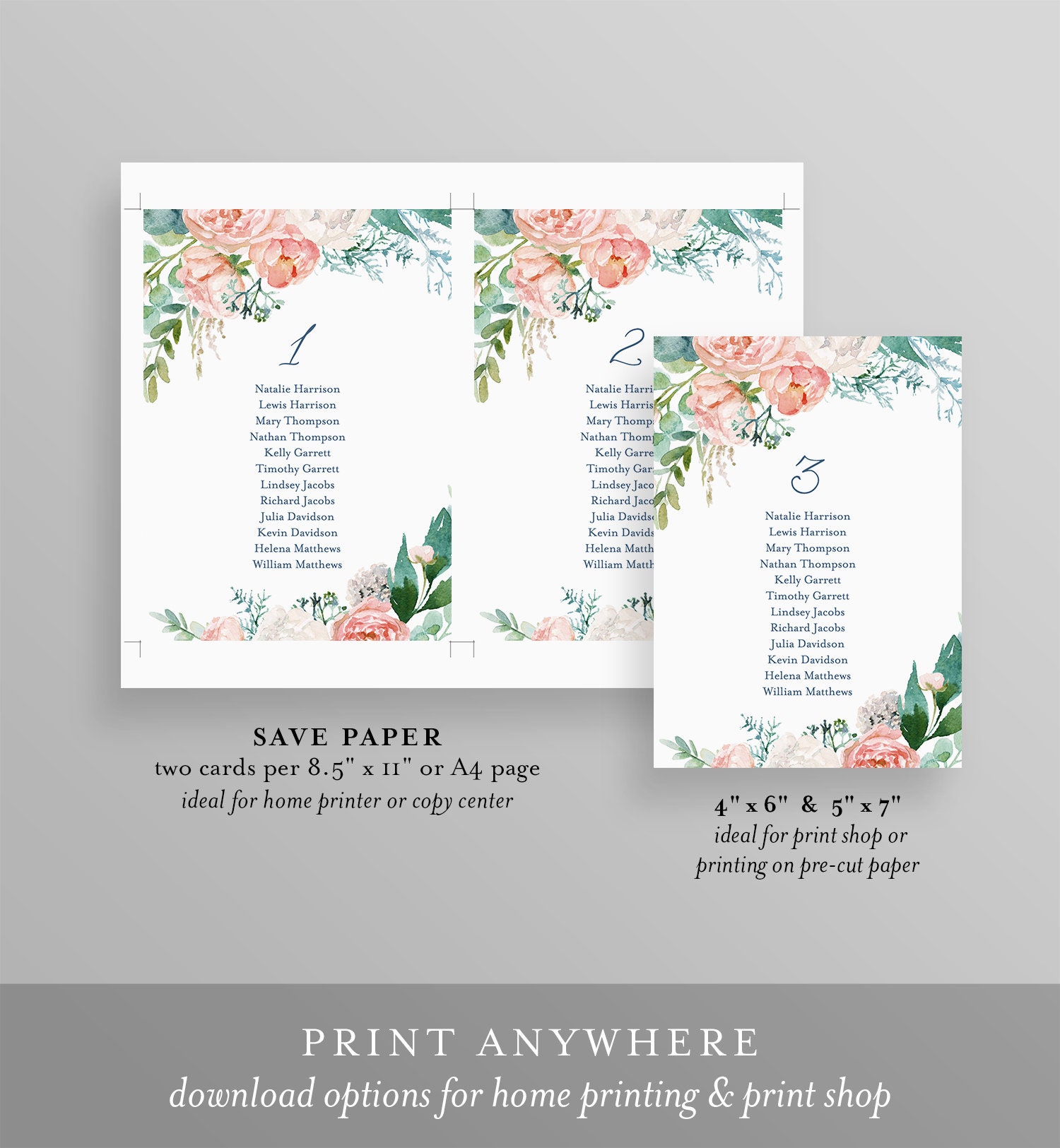 Table Seating Cards 100/% Editable Text #043-110SP Seating Chart Printable INSTANT DOWNLOAD Boho Floral Wedding Seating Plan Template
