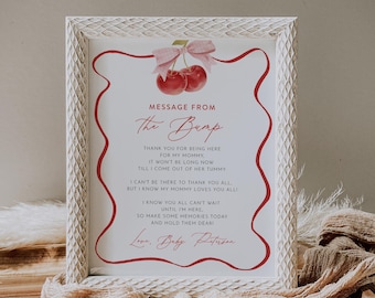 Message from the Bump Sign, Cherry Baby Shower Template, Editable Message from Baby, Printable, Instant Download, Templett #0056-18S