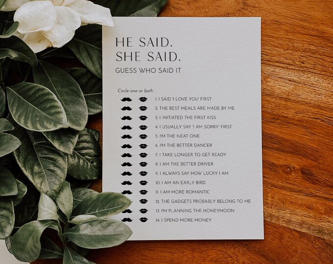 He Said She Said Bridal Shower Game, Guess Who Said It, Minimalist Bridal Game, Editable Template, Instant Download, Templett #0026B-05BRG