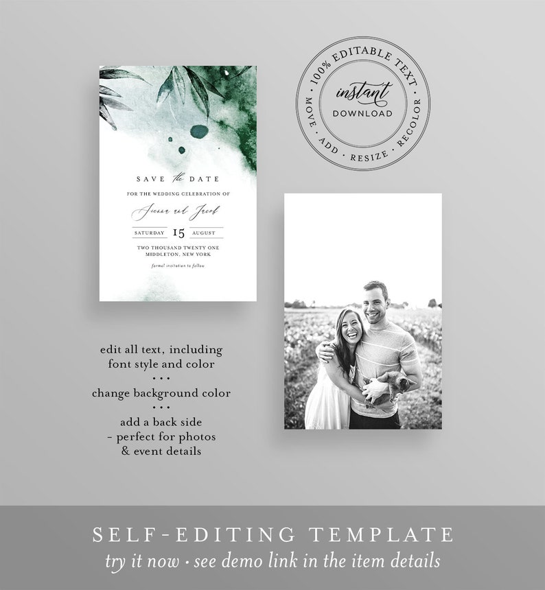 Mystic Waters Save the Date Template,Editable Modern Watercolor Wedding Date Templett Digital Instant Download #0002-174SD Emerald