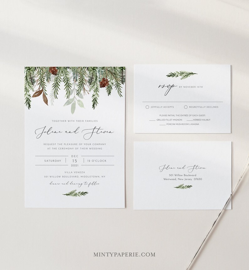 Templett #0017 Christmas Instant Download Detail RSVP Winter Wedding Invitation Set Minimalist Pine Wedding Invite Editable Template