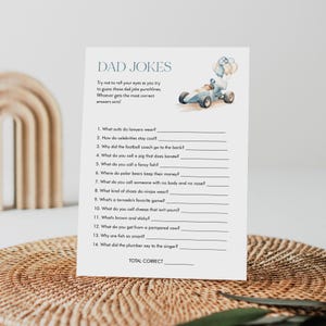 Funny Dad Jokes Game, Vintage Race Car Boy Baby Shower, Riddle, Trivia, Editable Template, Instant Download, Templett #0068-03BAG