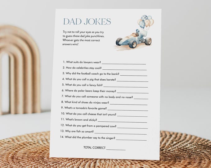 Funny Dad Jokes Game, Vintage Race Car Boy Baby Shower, Riddle, Trivia, Editable Template, Instant Download, Templett #0068-03BAG