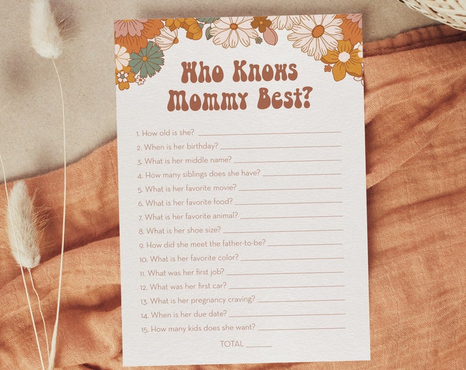 Who Knows Mommy Best Baby Shower Game, Retro Groovy Baby Shower, How Well Do You Know, Editable Template, Personalize Questions #050-358BASG