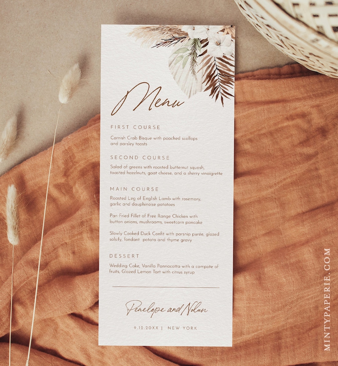 Bohemian Menu Card Template, Wedding / Bridal / Baby Shower Menu ...