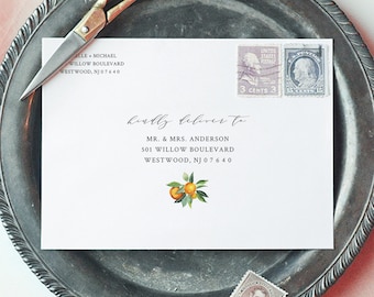 Orange Envelope Template, Citrus Greenery Wedding Address Printable, Instant Download, Editable Text, Templett, A1, A7 Sizes #084-128EN