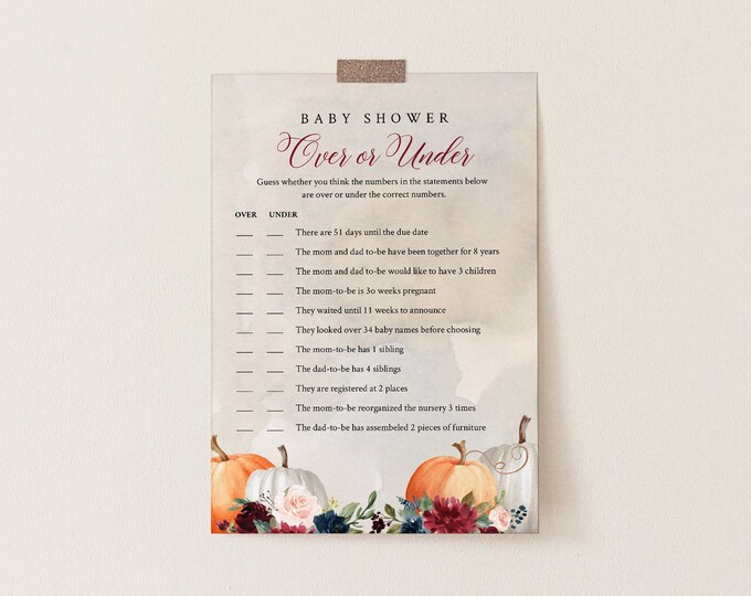 Over or Under Baby Shower Game, 100% Editable Text, Printable Fall Pumpkin Baby Shower, Instant Download, Templett  #072A-205BASG