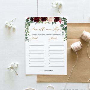 May include: A printable game card with a floral design in shades of burgundy, pink, and green. The card has the text "How old were they?" and "Guess how old Sarah and Edward were in each photo." with spaces to write in numbers.