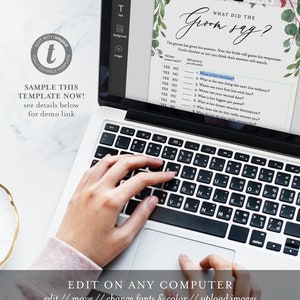 May include: A laptop computer with a white keyboard and a screen displaying a printable wedding game. The game is titled "What Did The Groom Say?" and asks the bride to guess the groom's answers to various questions. The game is decorated with a watercolor floral design.