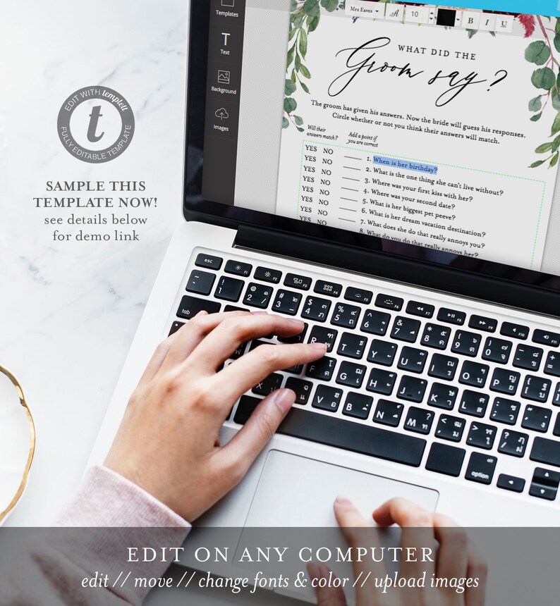 May include: A laptop computer with a white keyboard and a screen displaying a printable wedding game. The game is titled "What Did The Groom Say?" and asks the bride to guess the groom's answers to various questions. The game is decorated with a watercolor floral design.