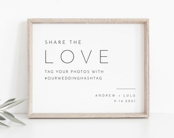 Wedding Hashtag Sign, Social Media Sign, Share the Love, Editable Template, Minimal Instagram Sign, Instant Download, Templett 8x10 #094-21S