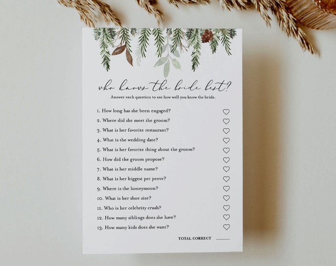 How Well Do You Know the Bride and Groom, Pine Who Knows the Couple Best Bridal Shower Game, Editable Template, Instant Download #0017-344BG