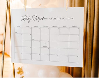 May include: A white printable calendar with the text "Baby Simpson Guess the Due Date" at the top. The calendar is for the month of April and has a small heart icon marking the due date.