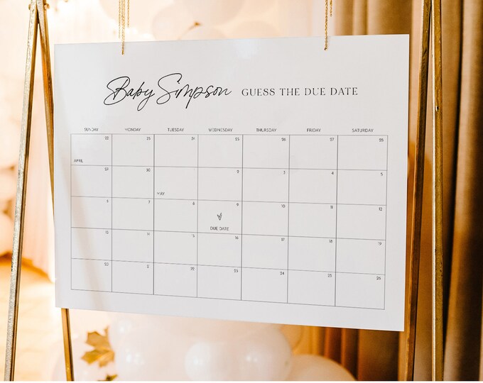 Minimalist Baby Due Date Calendar Sign, Guess the Birthday Baby Shower Game, Editable Template, Instant Download, Templett #0024-114GDD