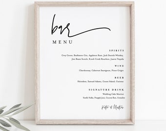 Minimalist Bar Menu Sign, Printable Wedding Bar Menu, Alcohol Drinks Menu, 100% Editable Template, Instant Download, Templett #0009-104BM