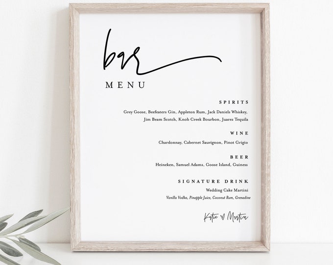 Minimalist Bar Menu Sign, Printable Wedding Bar Menu, Alcohol Drinks Menu, 100% Editable Template, Instant Download, Templett #0009-104BM