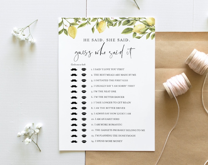 He Said She Said Bridal Shower Game, Guess Who Said It, Summer Citrus Lemon Bridal Shower Template, Instant Download, Templett #089-205BG