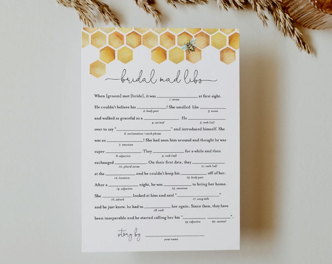 Mad Libs Bridal Shower Game Template, Printable Honey Bee Bridal Shower Funny Game, Editable Text, Instant Download, Templett #097-367BG
