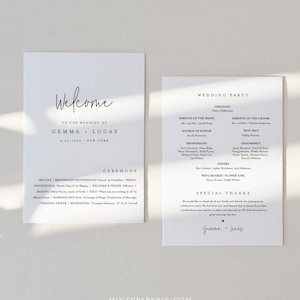 May include: A white wedding ceremony program with black text. The program includes the names of the bride and groom, Gemma and Lucas, the wedding date, and the ceremony order. The program also includes a list of the wedding party members and their roles.