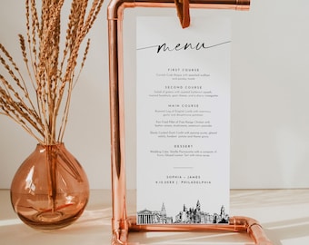 Philadelphia Menu, Printable Philly City Skyline Wedding Dinner Menu Card, Editable Template, Instant Download, Templett #0047-231WM