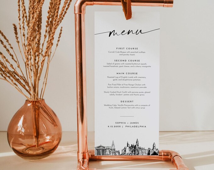 Philadelphia Menu, Printable Philly City Skyline Wedding Dinner Menu Card, Editable Template, Instant Download, Templett #0047-231WM