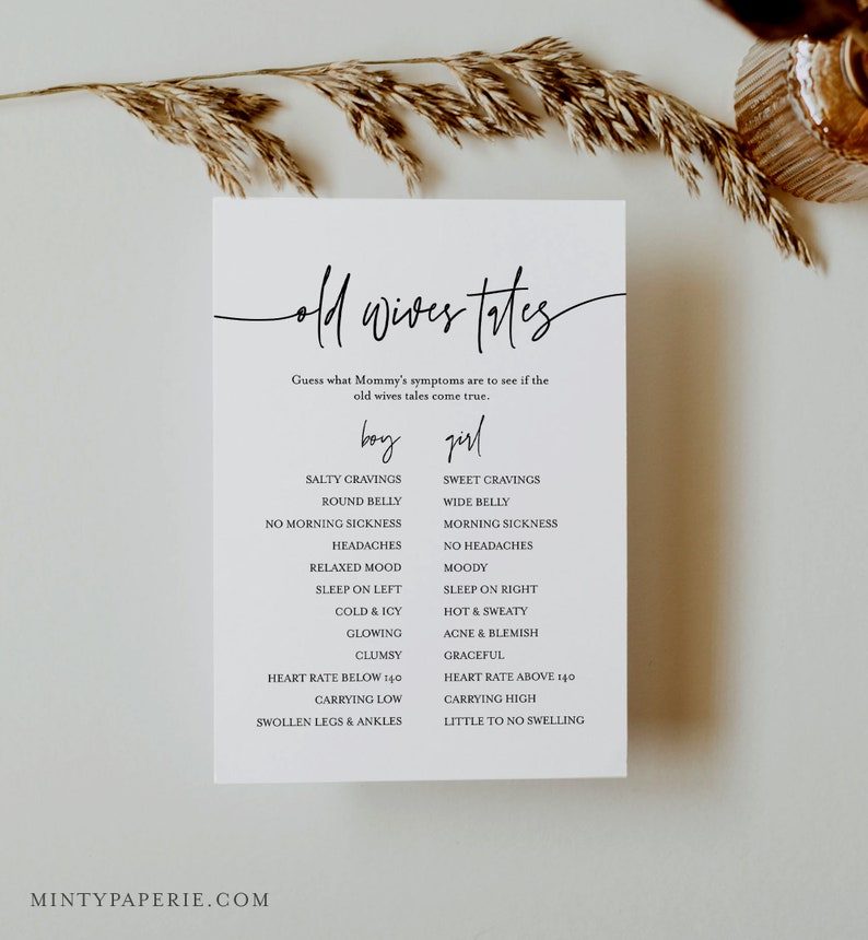 May include: A printable game card with the title "Old Wives Tales" and a list of pregnancy symptoms, divided into two columns labeled "boy" and "girl".
