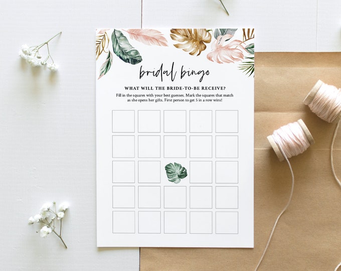 Tropical Bridal Shower Bingo Game, Instant Download, Printable Bridal Shower Game, Personalize Bride's Name, Editable Template  #087-299BG