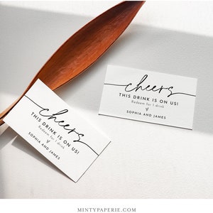 Boleto de bebida de boda, Tarjeta de bebida gratis, Vale de bebida de barra de boda minimalista, Token, Plantilla editable, Descarga instantánea, Templett 0032-108DT