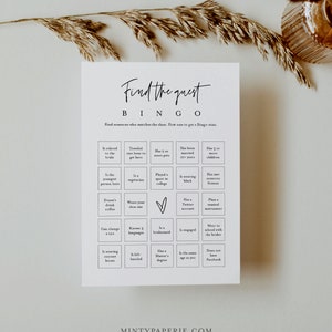 Find the Guest Bingo Game, Minimalist Bridal Shower Bingo, Social Game, Printable, Editable Template, Instant Download, Templett #0009-393BG