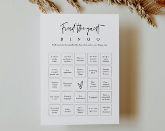 Find the Guest Bingo Game, Minimalist Bridal Shower Bingo, Social Game, Printable, Editable Template, Instant Download, Templett #0009-393BG