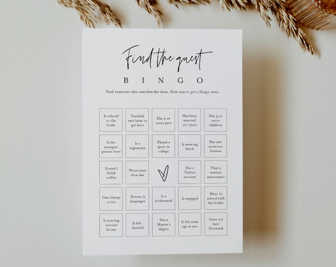 Find the Guest Bingo Game, Minimalist Bridal Shower Bingo, Social Game, Printable, Editable Template, Instant Download, Templett #0009-393BG