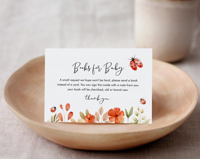 Ladybug Books for Baby Card, Book Request, Love Bug Girl Baby Shower Invitation Book Insert, Editable Text, Templett #0069-176BFB