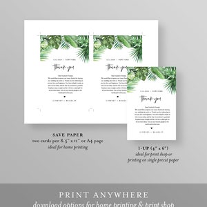 May include: Two printable thank you cards with tropical leaf designs and the text "Thank you" in black. The cards are for a wedding and include the date, location, and the names Lindsey and Bradley. The text on the cards reads "Dear Family & Friends, We would like to express our many thanks for sharing our wedding day with us. Thank you for celebrating with us and for the love and happiness you brought us. So many are today, and that we are forever grateful for all the love you have shown us. You are a small gift in our lives, but you mean the world to us. You have made all our dreams come true. You are our favorite people in the world. You are our favorite people in the world.  Lindsey & Bradley."