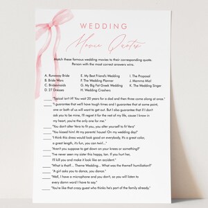 May include: A wedding game card with the title "Wedding Movie Quotes" in a delicate script font. The card features a pink ribbon and a list of movie titles and quotes for guests to match. The design is simple and elegant, perfect for a bridal shower.