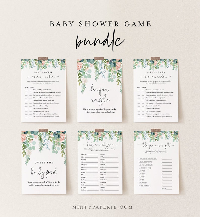 May include: A set of printable baby shower game cards with a floral design. The games include "Guess the Baby Food", "Baby Animal Game", "Over or Under", and "The Price is Right".