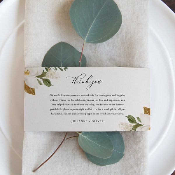 Magnolia Napkin Wrap Printable, DIY Modern Minimal Wedding Paper Napkin Ring Template, 100% Editable Text, Instant Download #015-105NW