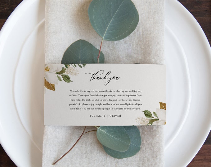 Magnolia Napkin Wrap Printable, DIY Modern Minimal Wedding Paper Napkin Ring Template, 100% Editable Text, Instant Download #015-105NW