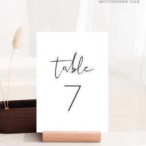 Puede incluir: Tarjeta de n&uacute;mero de mesa blanca con caligraf&iacute;a negra que dice "mesa 7".