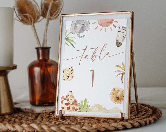 Safari Animals Table Number Card Template, Jungle Birthday Table Number, Editable, Instant Download, Templett, 4x6, 5x7 #0028A-203TC