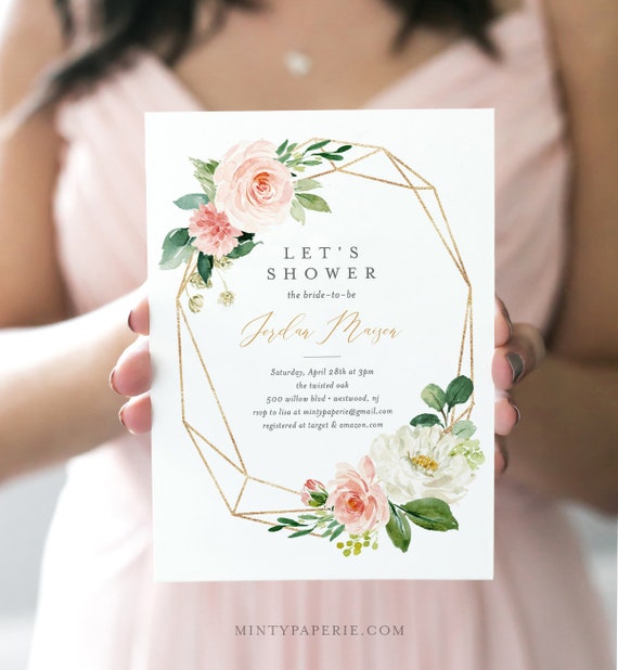 Gold Foil Romantic Rustic Eucalyptus Flowers Floral Blush White Watercolor Bridal Shower Invitation Printable Digital Download PDF