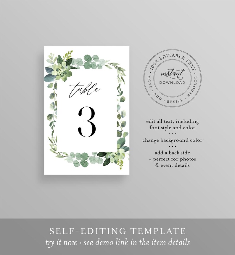 May include: Editable table number card with a green watercolor floral border. The card says "table 3" in black text. The card is a self-editing template.