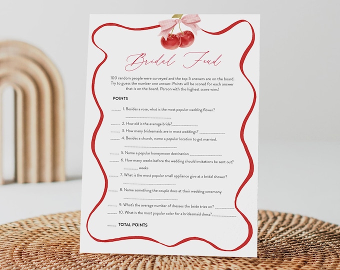 Bridal Family Feud Game, Wedding Feud, Printable Bow Cherry Bridal Shower Game, Editable Template, Instant Download, Templett #0056-28BRG