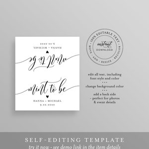 K&ouml;nnte beinhalten: Editierbare Hochzeitsvorlage mit dem Text "mint to be" und dem Datum 9.22.2020. Die Vorlage ist anpassbar mit Text, Schriftstil, Farbe und Hintergrundfarbe. Sie beinhaltet eine Option f&uuml;r den sofortigen Download.