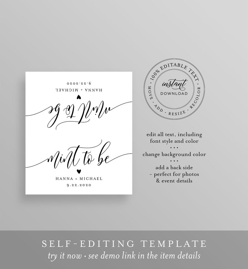 K&ouml;nnte beinhalten: Editierbare Hochzeitsvorlage mit dem Text "mint to be" und dem Datum 9.22.2020. Die Vorlage ist anpassbar mit Text, Schriftstil, Farbe und Hintergrundfarbe. Sie beinhaltet eine Option f&uuml;r den sofortigen Download.