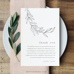Plantilla de carta de agradecimiento de Laurel, nota de agradecimiento de boda minimalista editable, descarga instantánea, imprimible en lugar de tarjeta de favor 0006B-149TYN
