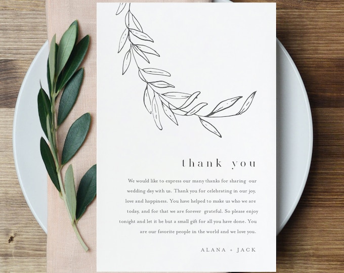 Laurel Thank You Letter Template, Editable Minimalist Wedding Thank You Note, Instant Download, Printable In Lieu of Favor Card 0006B-149TYN