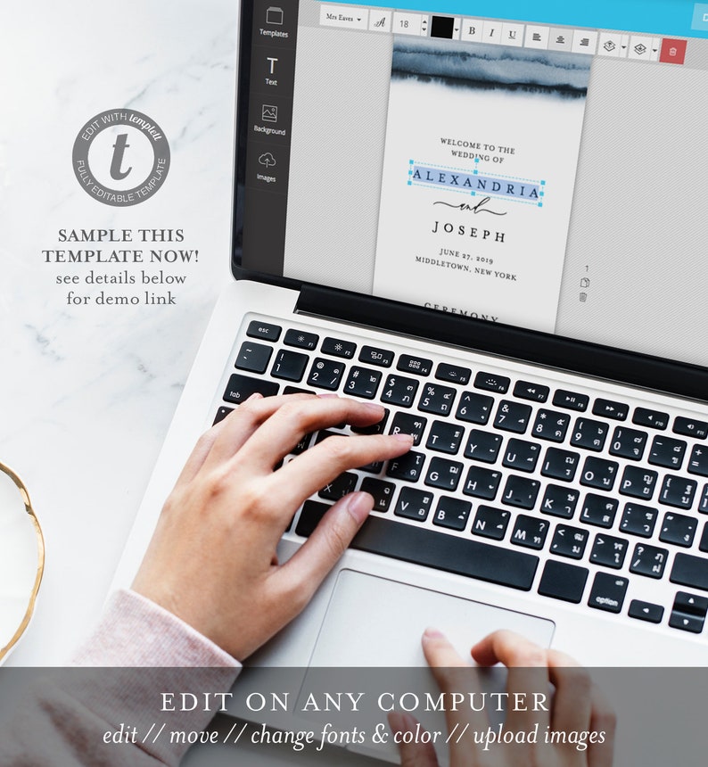 May include: A laptop screen showing a wedding invitation template with the name "ALEXANDRIA" highlighted. The screen also displays editing options and the text "EDIT ON ANY COMPUTER". The template features a watercolour design.