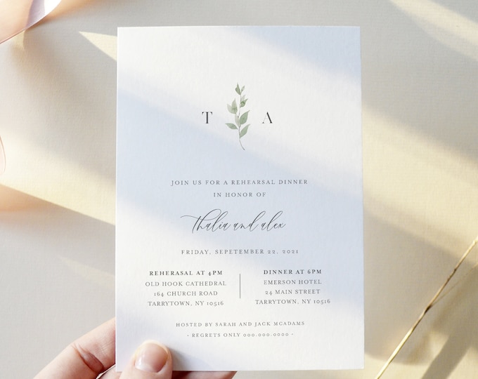 Delicate Greenery Rehearsal Dinner Invitation Template, Minimalist Rehearsal Invite, 100% Editable, Instant Download, Templett #0004B-155RD