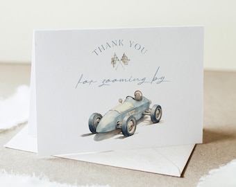 Race Car Thank You Card, Vintage Car Birthday Thank You Note, Flat and Folded, Editable Template, Instant Download, Templett #0068-245TYC