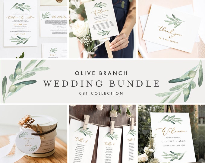Olive Branch Wedding Bundle, Invitation Suite and Day Of Templates, 100% Editable Text, Greenery, Instant Download, Templett 081-BUNDLE